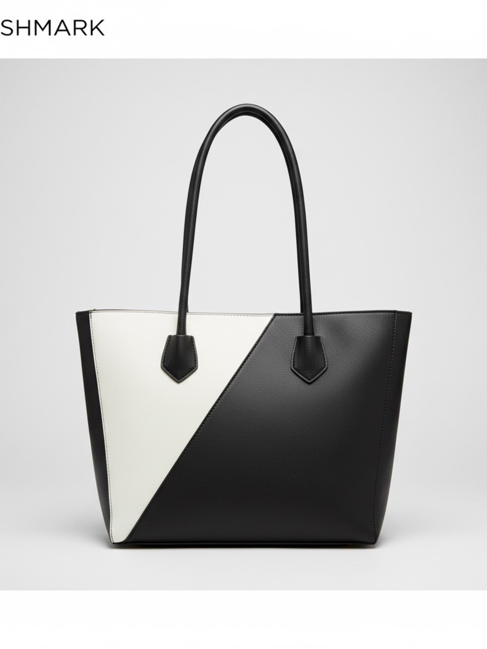 Black White Colorblock Tote Bag Gold V Accent Faux Leather Purse